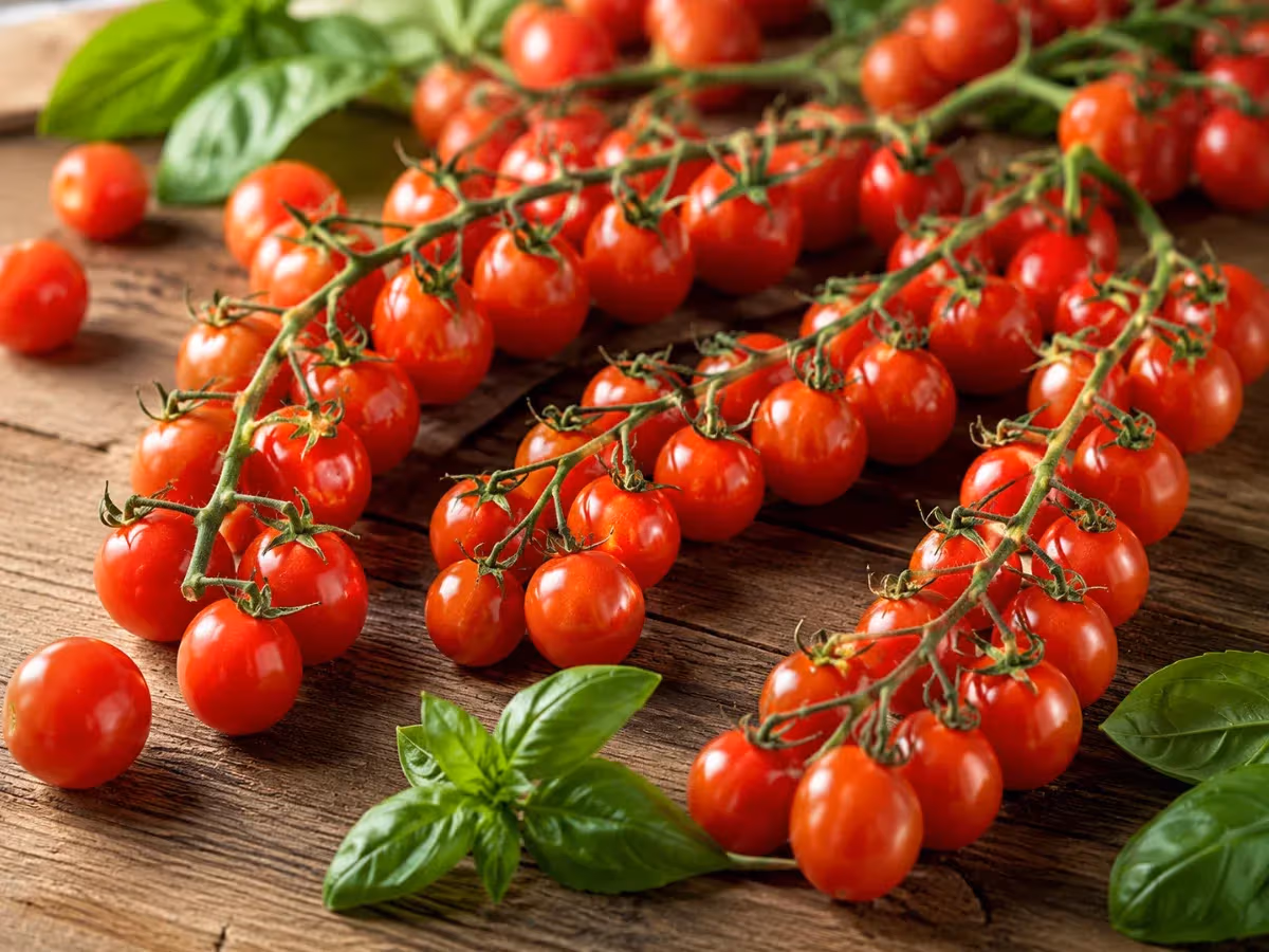 Grappoli di pomodorini ciliegino rossi lucidi su tavolo rustico in legno con foglie di basilico fresco