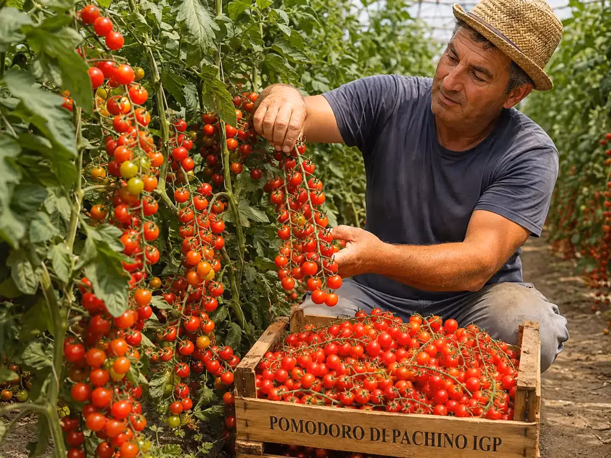 Contadino con cappello di paglia raccoglie pomodori di Pachino IGP in cassetta di legno in serra