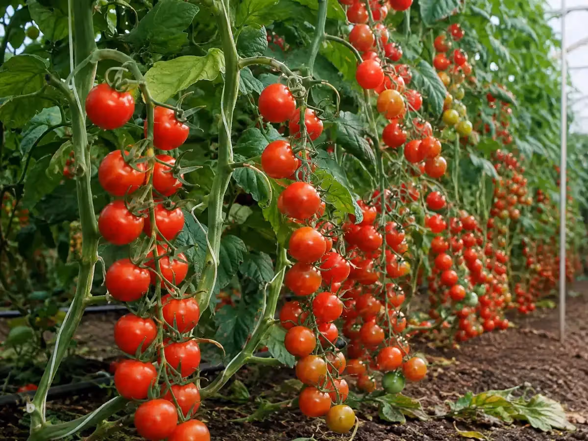 Filari di piante di pomodorini ciliegino carichi di frutti rossi maturi coltivati in serra