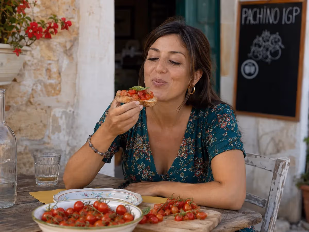 Donna assaggia bruschetta con pomodori di Pachino seduta a tavolo rustico all'aperto in Sicilia
