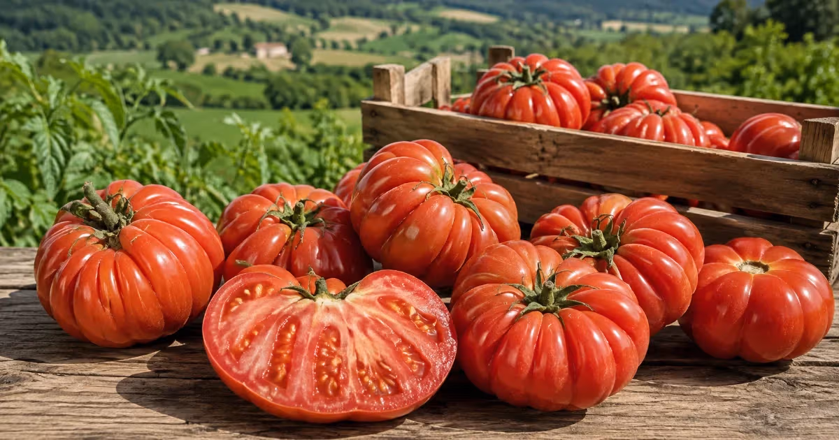 Pomodori Riccio di Parma rossi e costoluti su tavolo rustico con cassetta di legno e campagna verde sullo sfondo