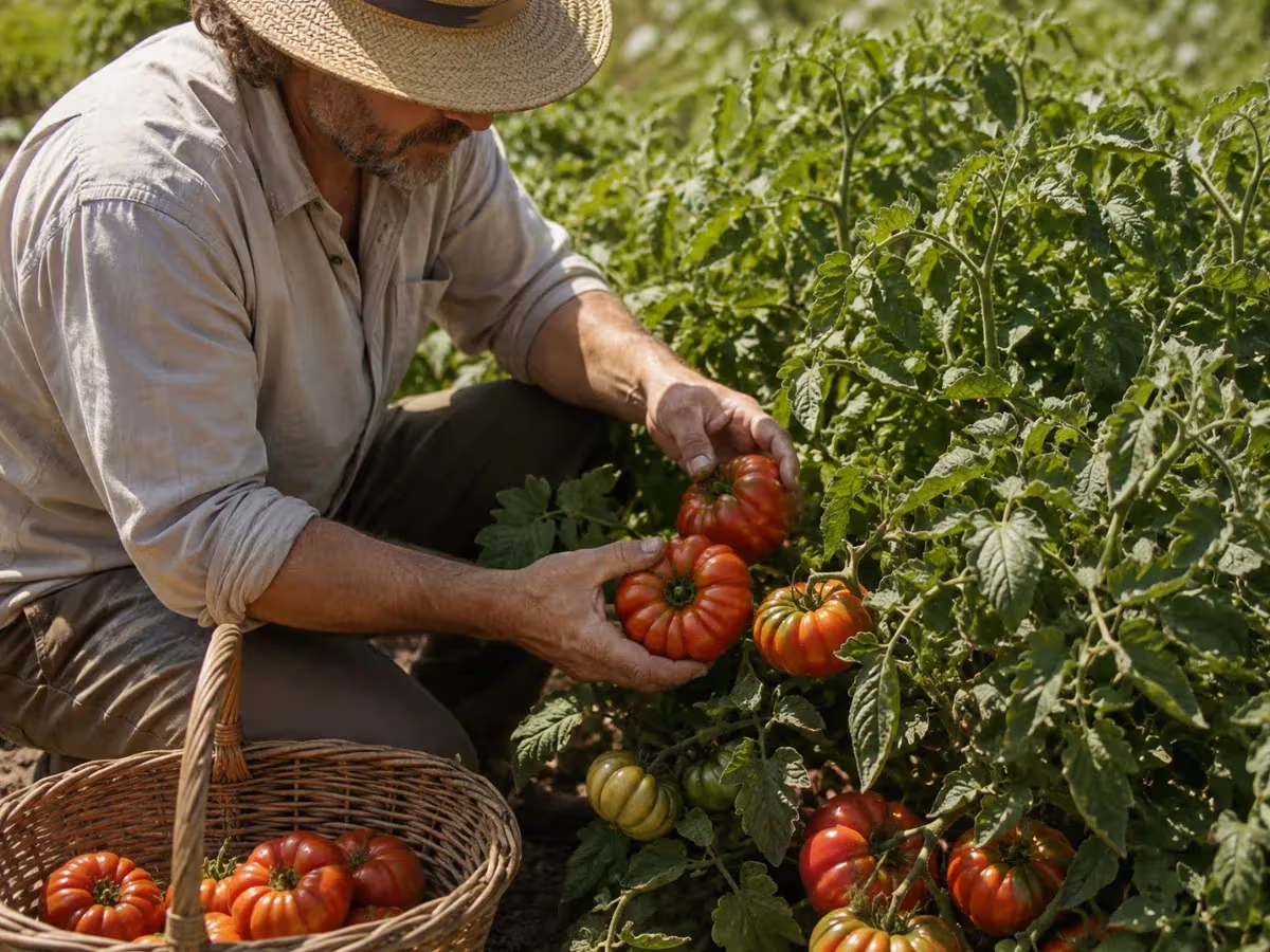 Contadino con cappello di paglia raccoglie a mano pomodori Riccio di Parma costoluti in cesto di vimini