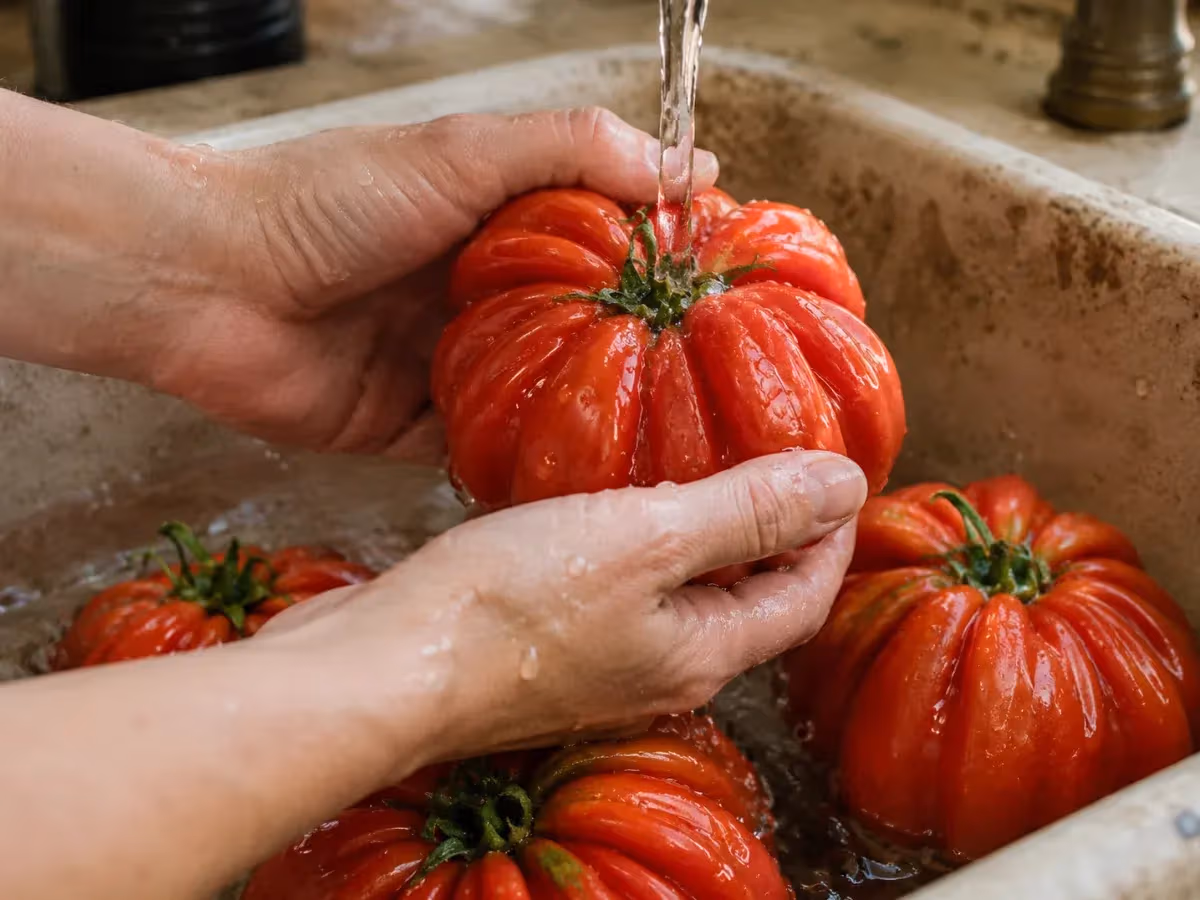 Mani che lavano pomodori Riccio di Parma rossi costoluti sotto acqua corrente in lavandino di pietra
