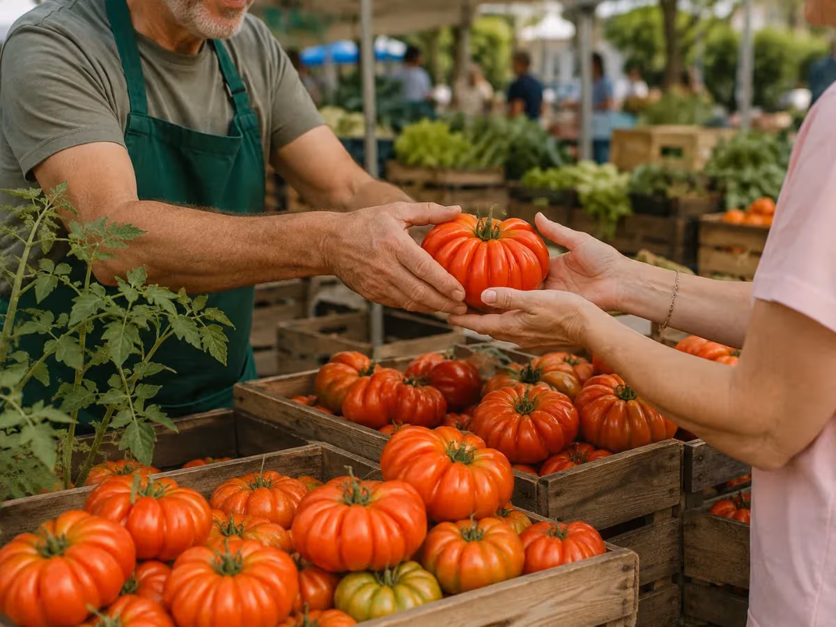 Venditore con grembiule verde passa un grande pomodoro Riccio di Parma a cliente al mercato contadino