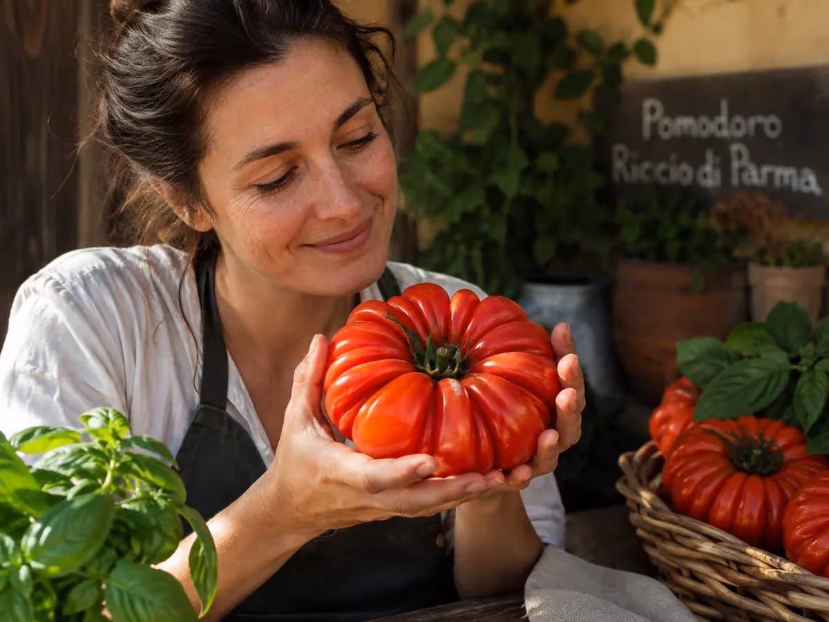 Donna sorridente con grembiule nero tiene tra le mani un pomodoro Riccio di Parma davanti a cartello scritto a mano