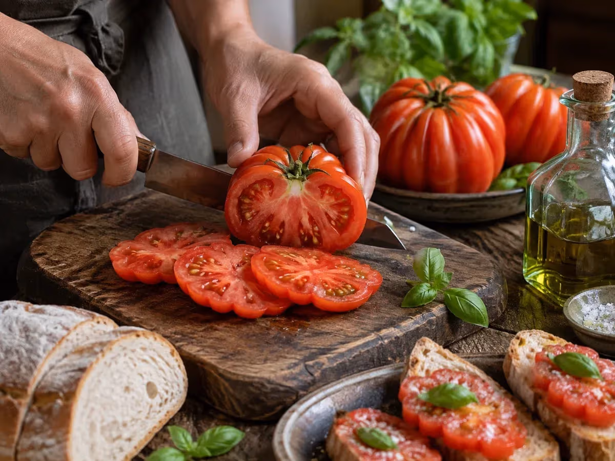 Mani che affettano un pomodoro costoluto su tagliere di legno scuro con bruschette basilico e olio