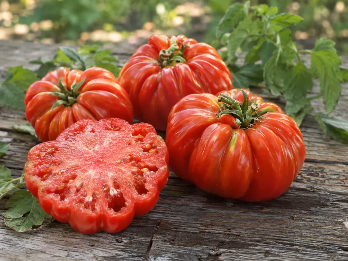 Pomodori Riccio di Parma interi e uno tagliato a metà su superficie di legno grezzo con foglie verdi