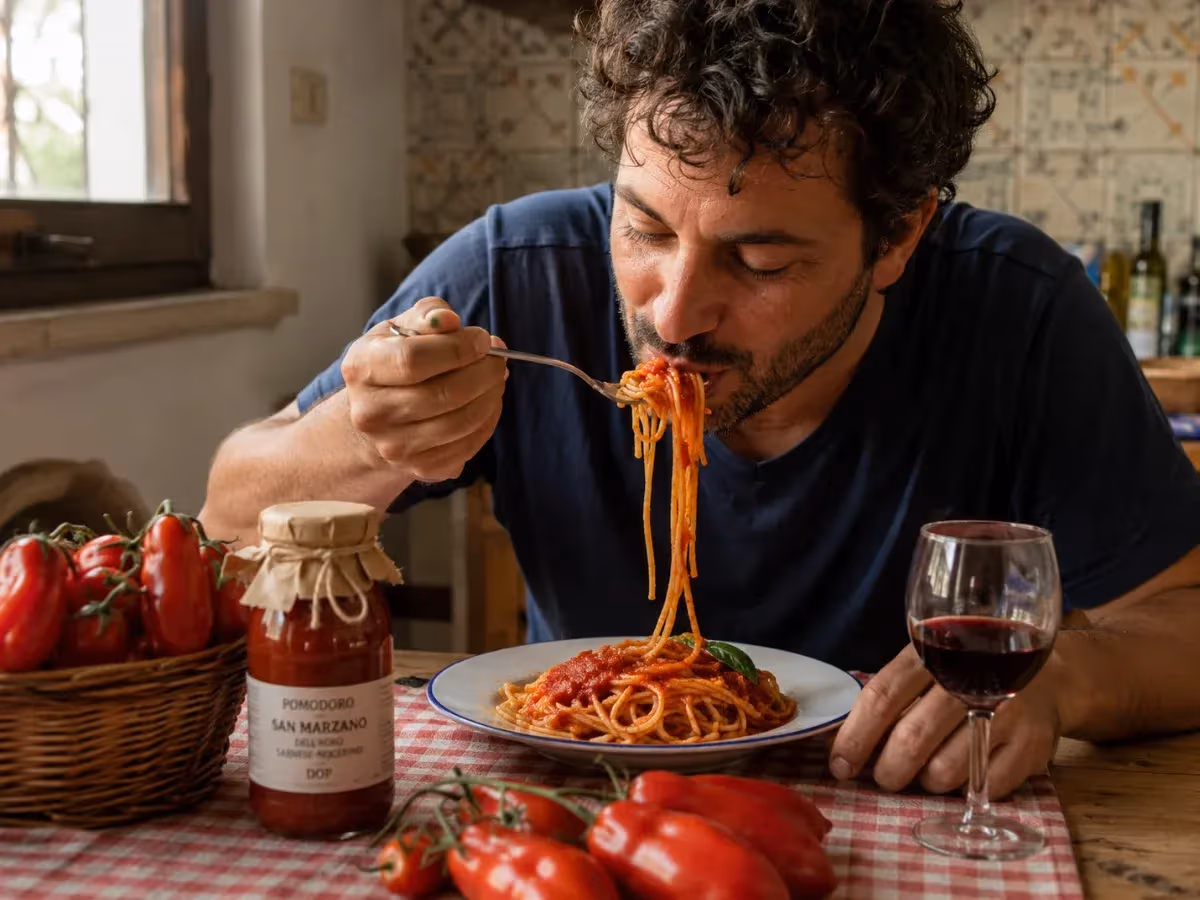 Uomo assapora spaghetti al sugo di pomodoro San Marzano DOP con barattolo e vino rosso sul tavolo