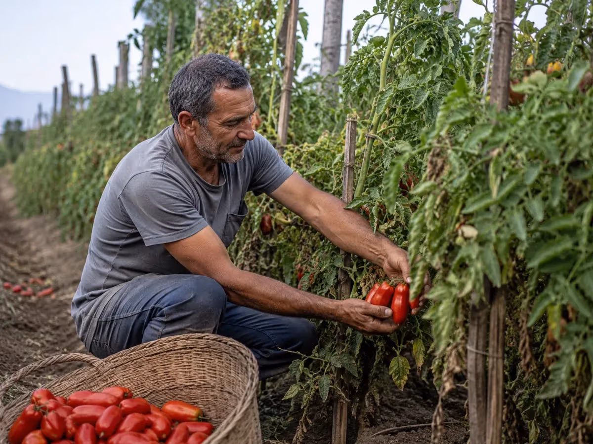 Contadino accovacciato raccoglie pomodori San Marzano rossi maturi dalla pianta in campo aperto