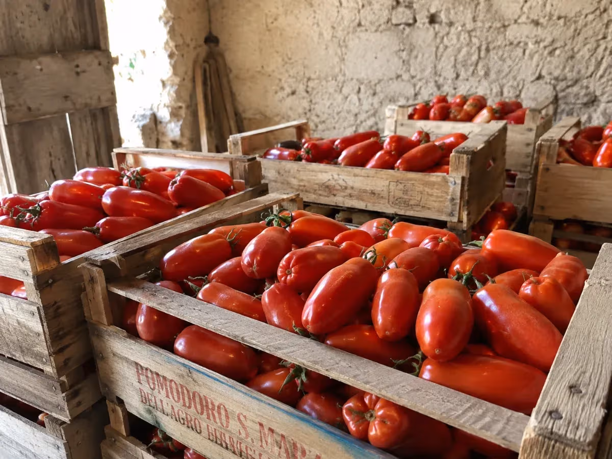 Cassette di legno colme di pomodori San Marzano rosso intenso ammassate in magazzino rustico