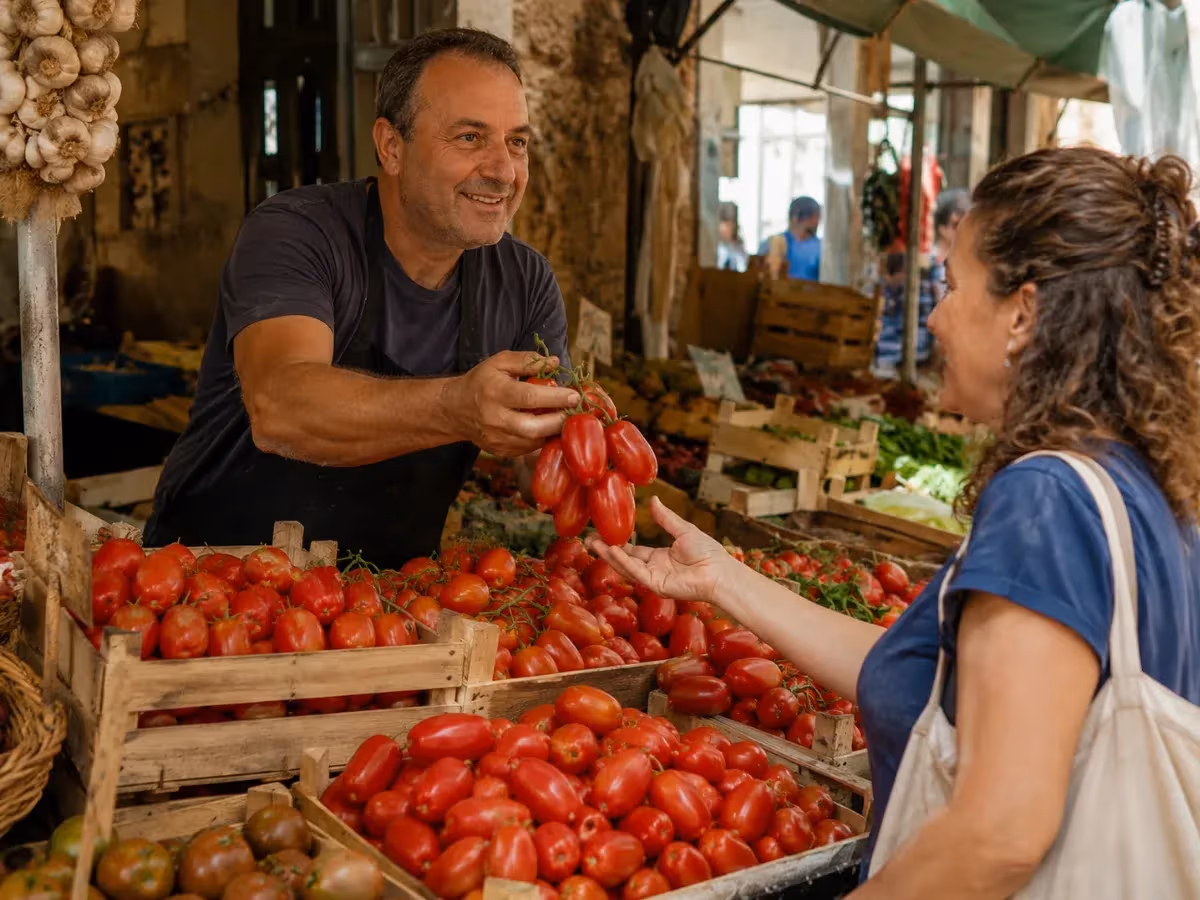 Venditore al mercato offre grappolo di pomodori San Marzano rossi a cliente tra le bancarelle