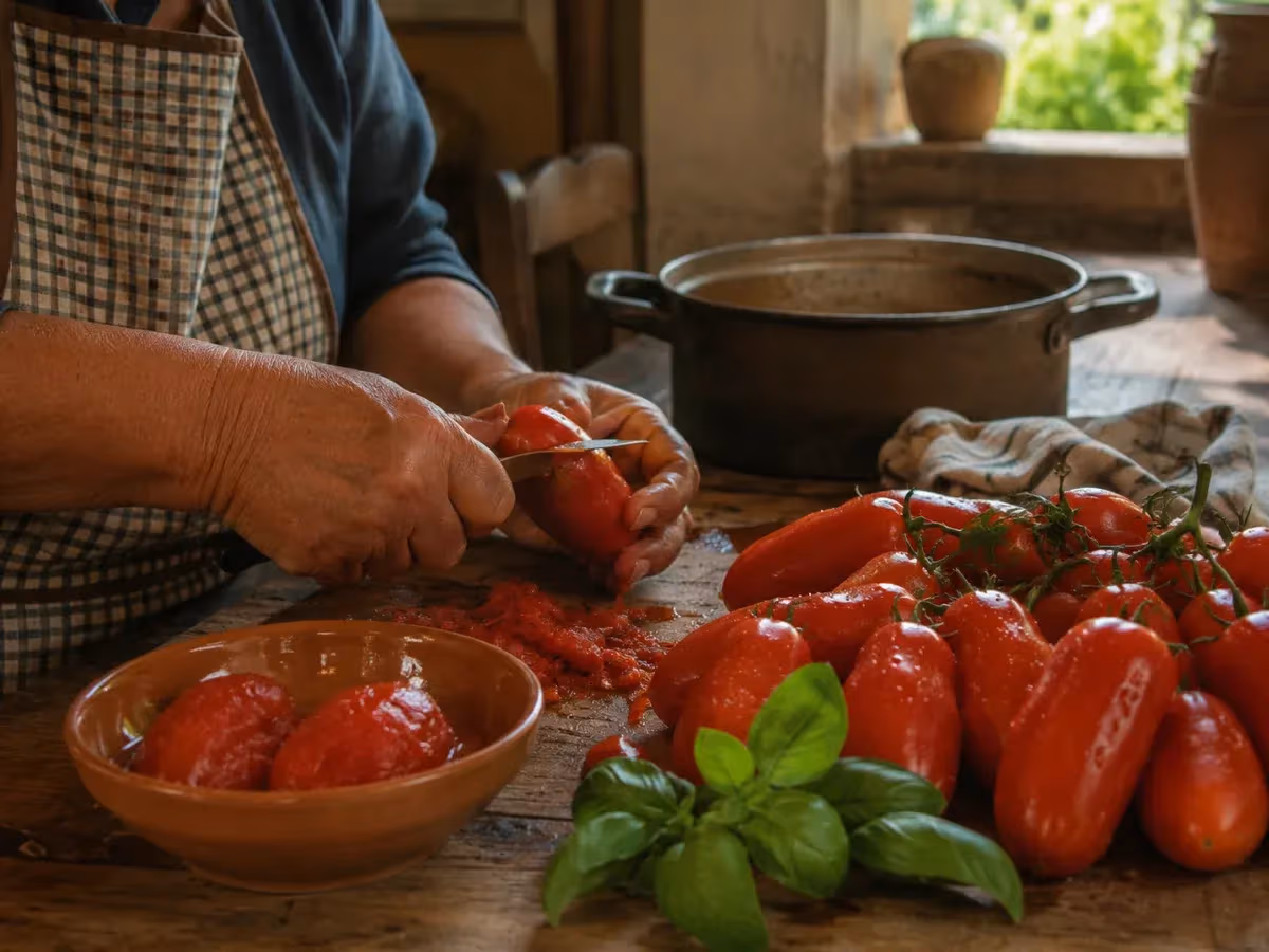 Mani anziane pelano pomodori San Marzano rossi su tagliere rustico con basilico fresco e pentola