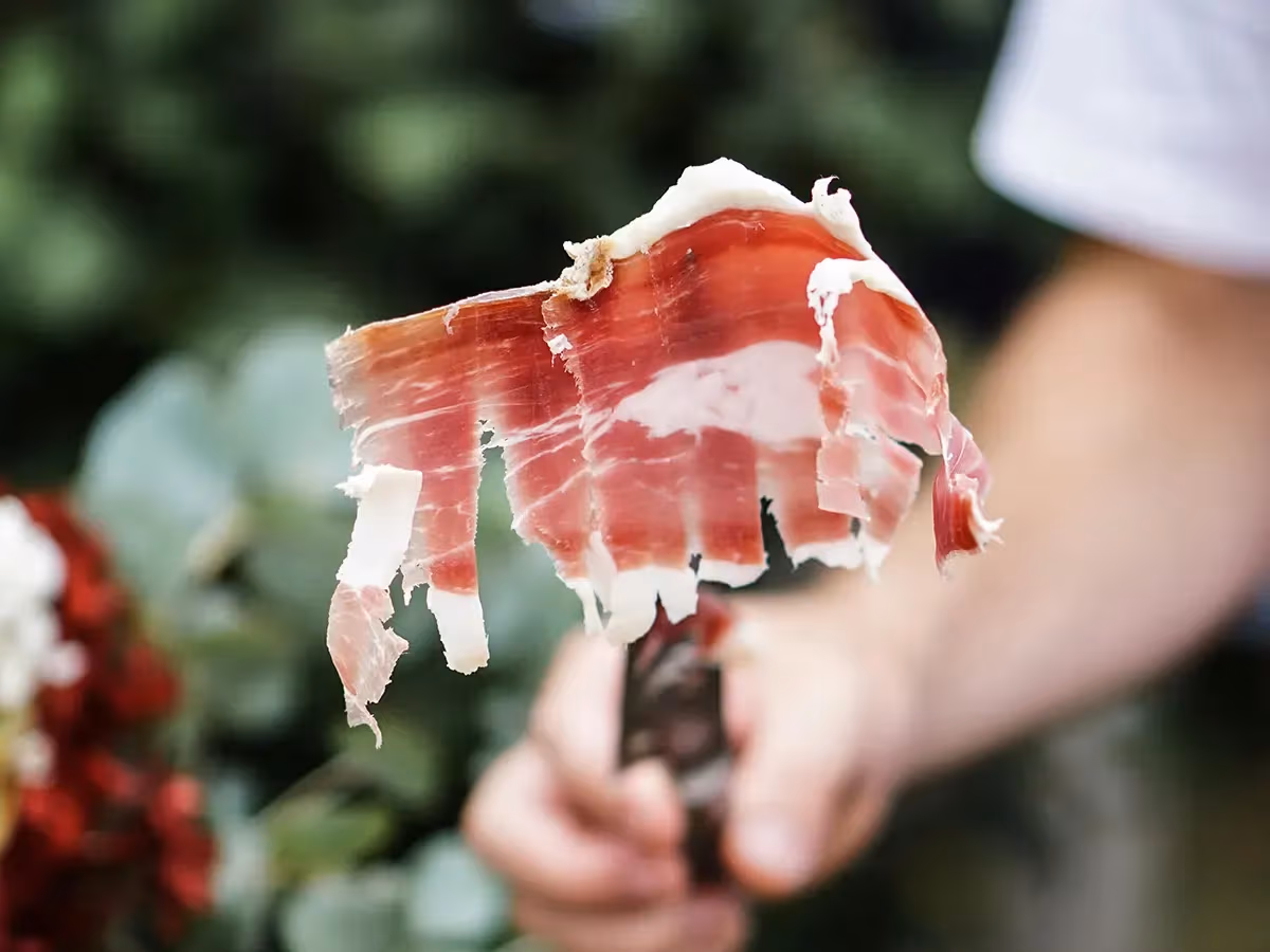 Mano che regge fette di prosciutto crudo rosso vivo con grasso bianco su sfondo verde sfumato