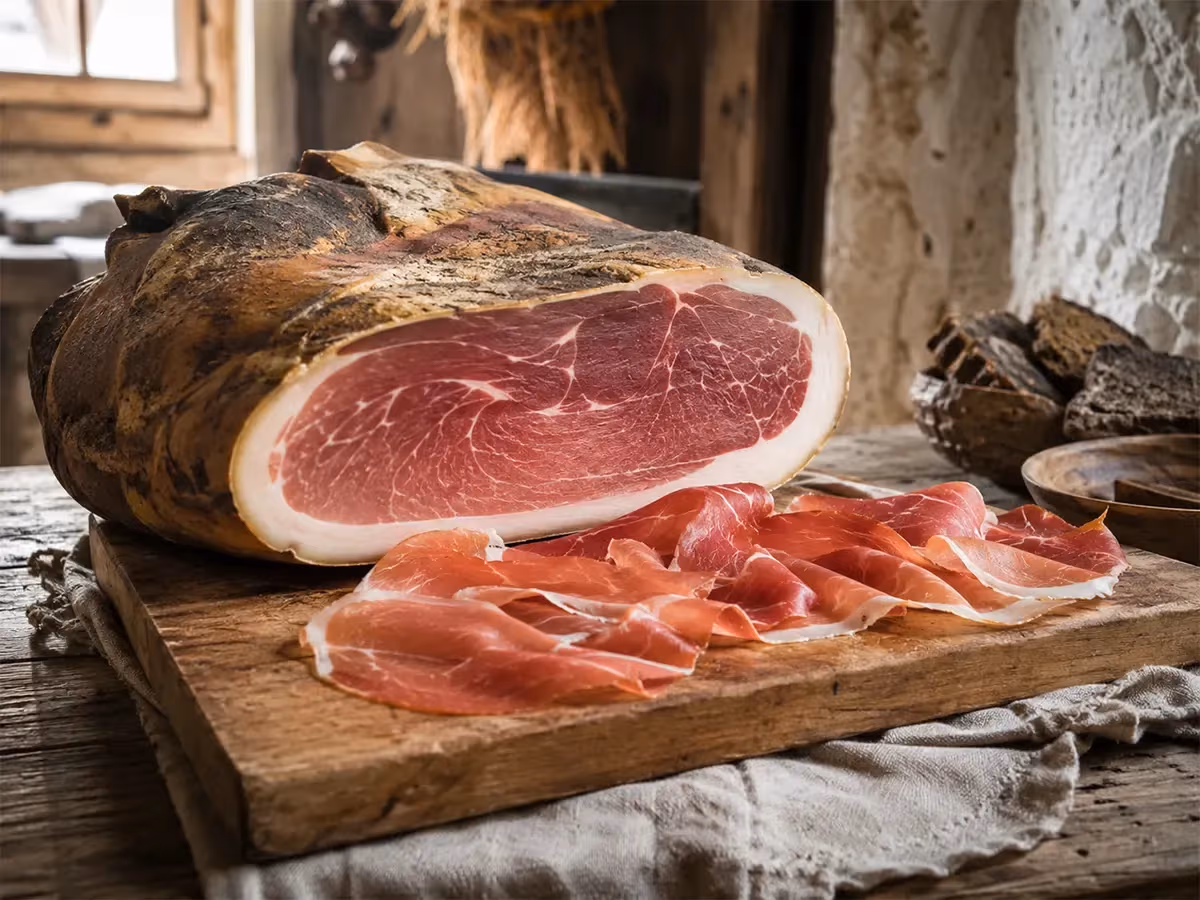 Coscia di prosciutto di Sauris affettata su tagliere rustico in interno alpino con pane scuro