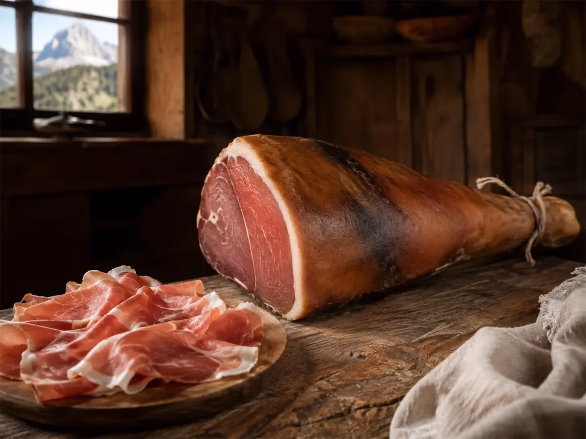 Prosciutto di Sauris intero con crosta ambrata affiancato da piatto di fette in baita di montagna