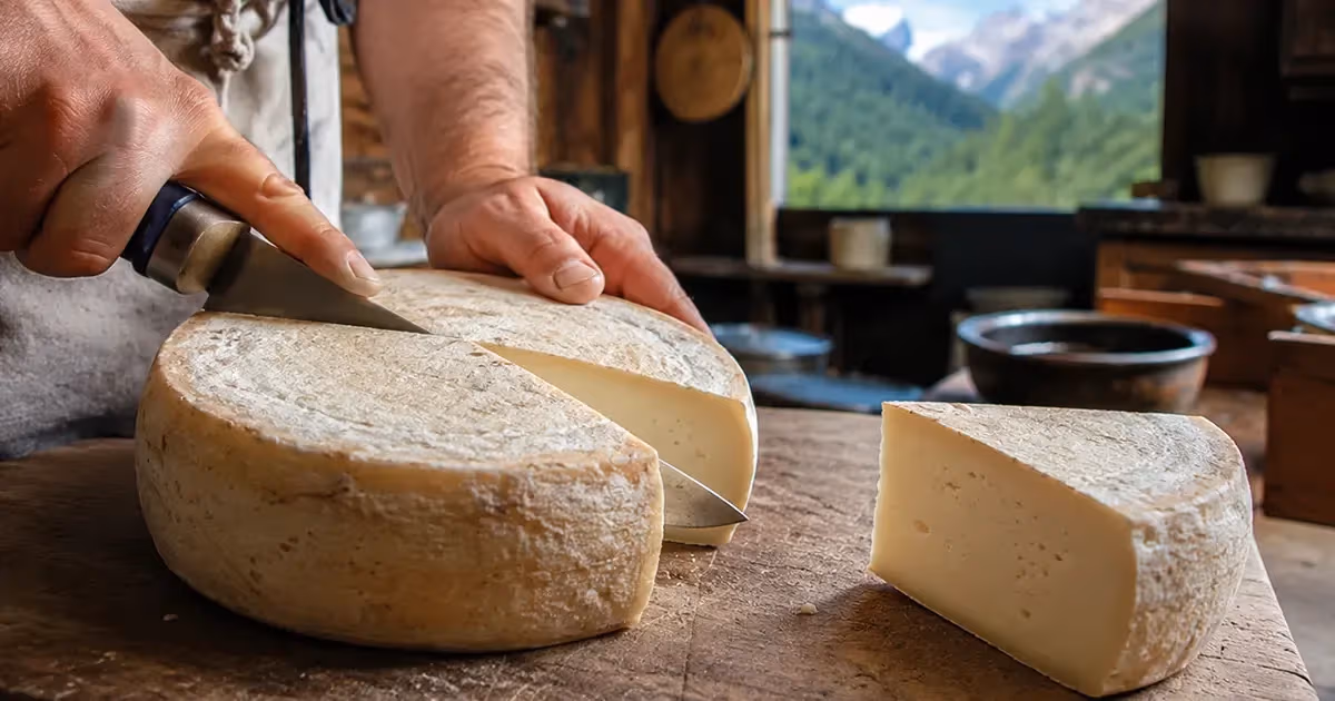 Artigiano taglia forma intera di Toma della Valsesia su tavolo rustico con montagne alpine sullo sfondo
