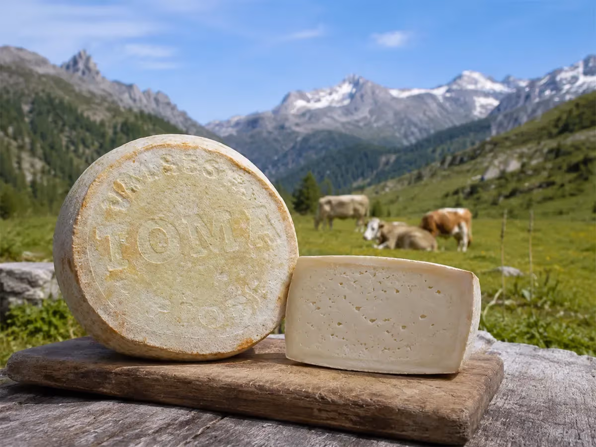Forma intera di Toma con marchio impresso e fetta su tagliere con mucche alpine sullo sfondo