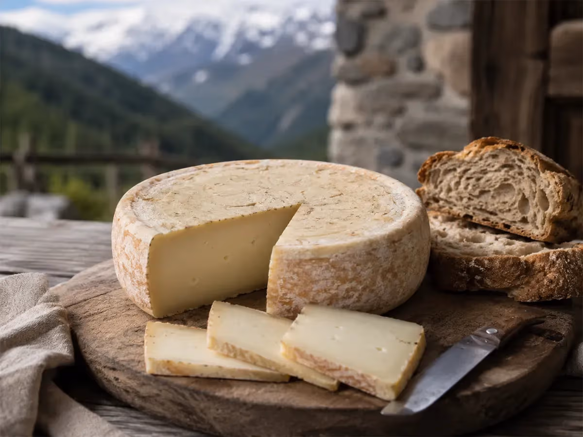Toma tagliata in fette giallo-paglierino su tagliere rotondo con pane rustico e cime innevate