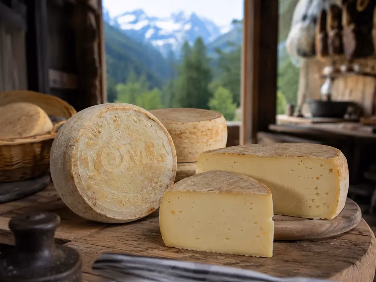 Più forme di Toma intere e tagliate con pasta gialla compatta in un rustico di montagna