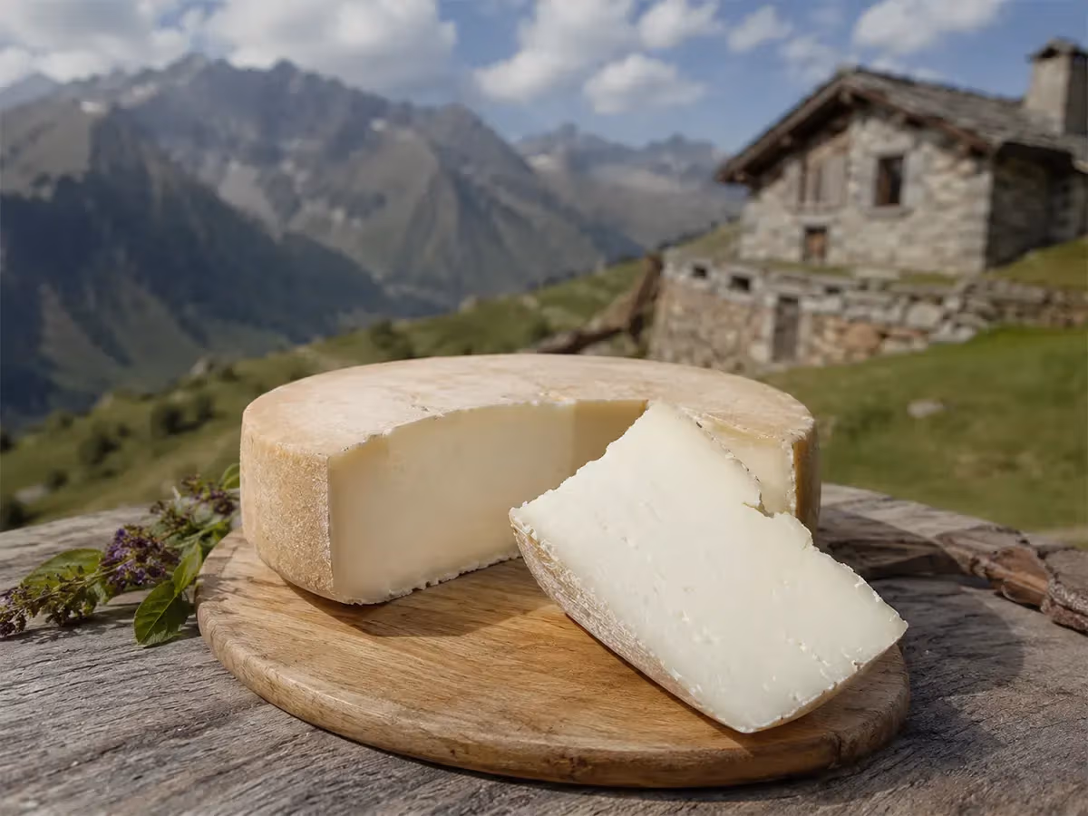 Forma di Toma Ossolana con spicchio tagliato su tagliere rustico con paesaggio alpino sullo sfondo