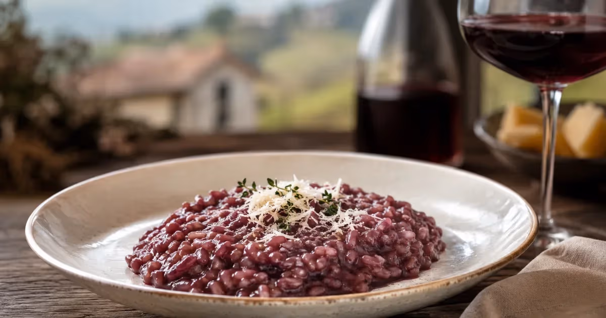 Risotto al Barolo viola intenso con parmigiano grattugiato e timo fresco su piatto rustico bianco accanto a calice di vino rosso